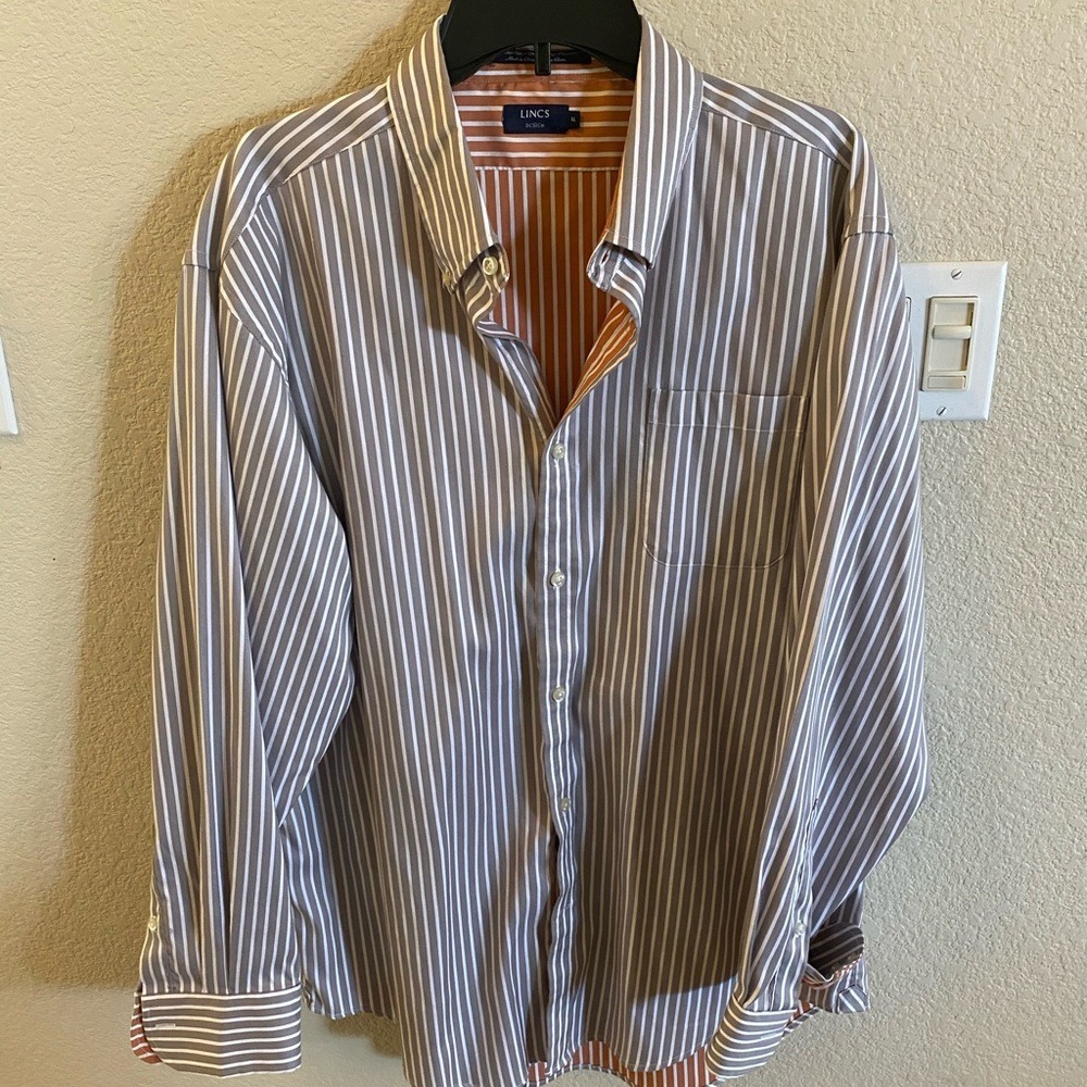 LINCS Men's XL Striped Long Sleeve Button Down‎ Shirt Orange Trim Pocket Cotton
